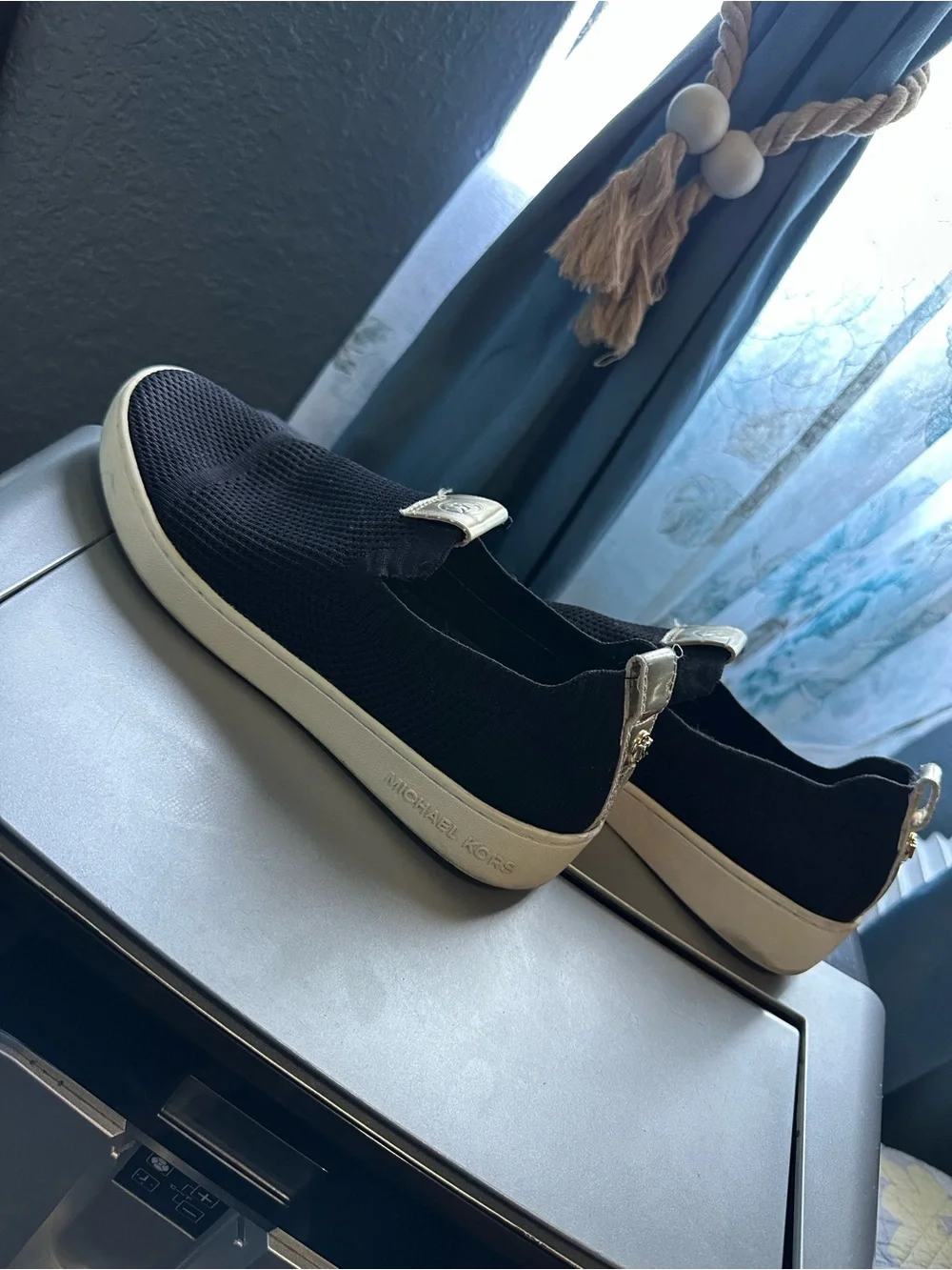 Michael Kors Black Slip-On Knit Sneakers with Gold Hardware